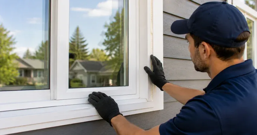 technician comparing full-frame and retrofit window replacement options in Brampton
