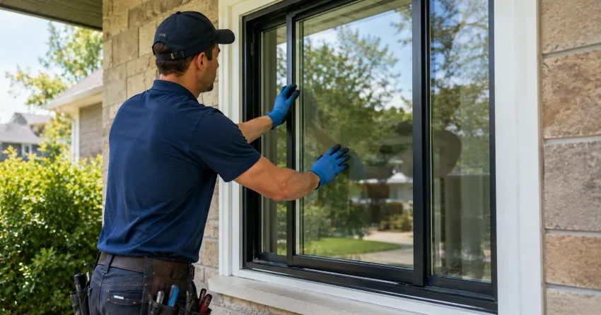 technician measuring a broken window pane for replacement in Bramalea, Brampton