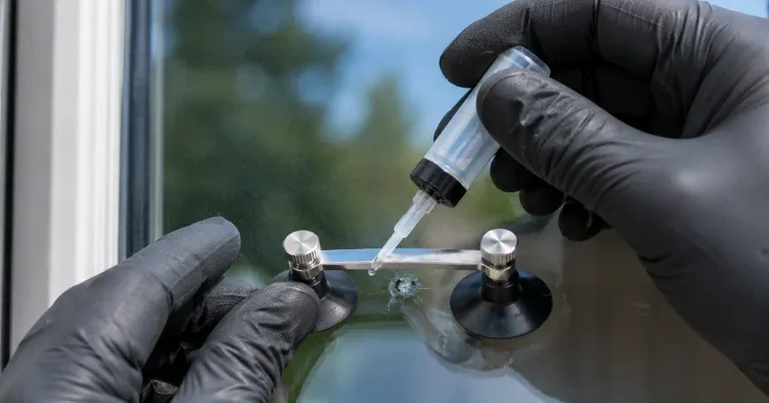 technician performing chipped glass repair on a window in Ebenezer, Brampton