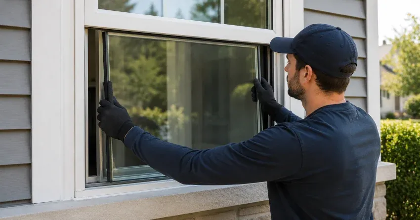technician boarding up broken window during emergency glass repair Alloa, Brampton