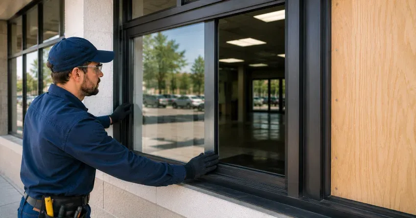 technician boarding a broken window after a break-in in Brampton North, Brampton