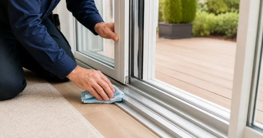 technician inspecting a sliding patio door track in Ebenezer, Brampton