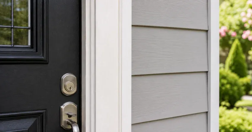 technician inspecting door jamb behind cracked casing in Castlemore, Brampton home
