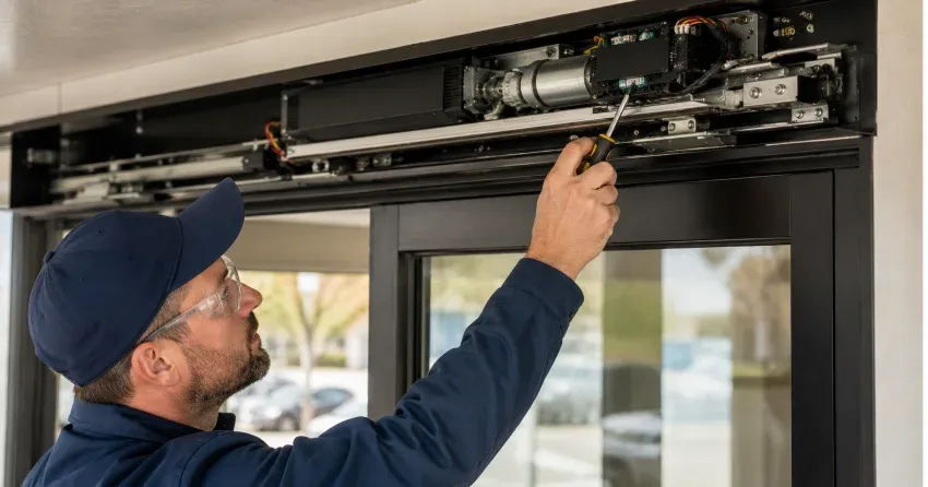 technician completing automatic door repair on residential property in Avondale, Brampton