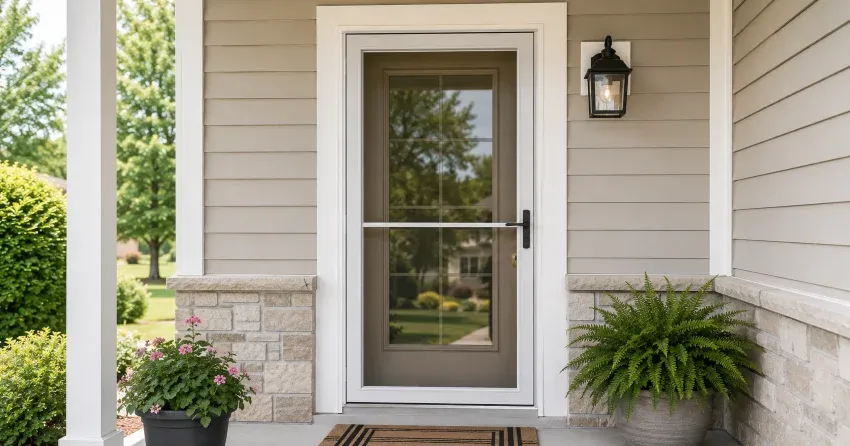 technician hanging storm door square and plumb in Castlemore, Brampton