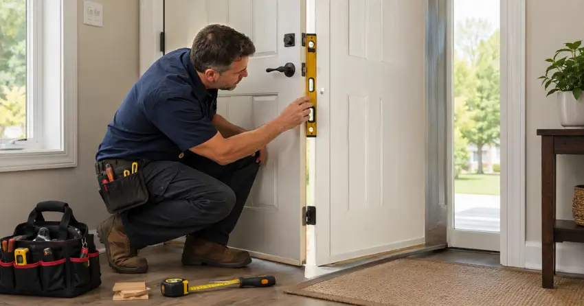 technician diagnosing a misaligned door frame in Chinguacousy, Brampton