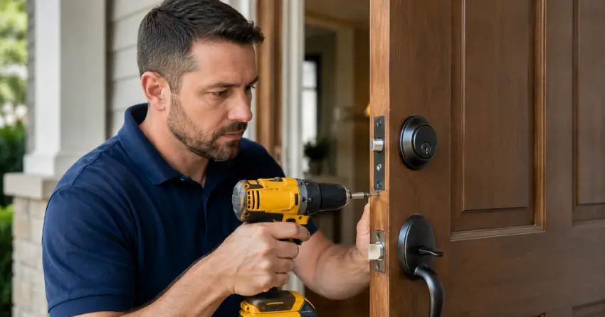 technician installing a new deadbolt during Change Door Lock Castlemore, Brampton service