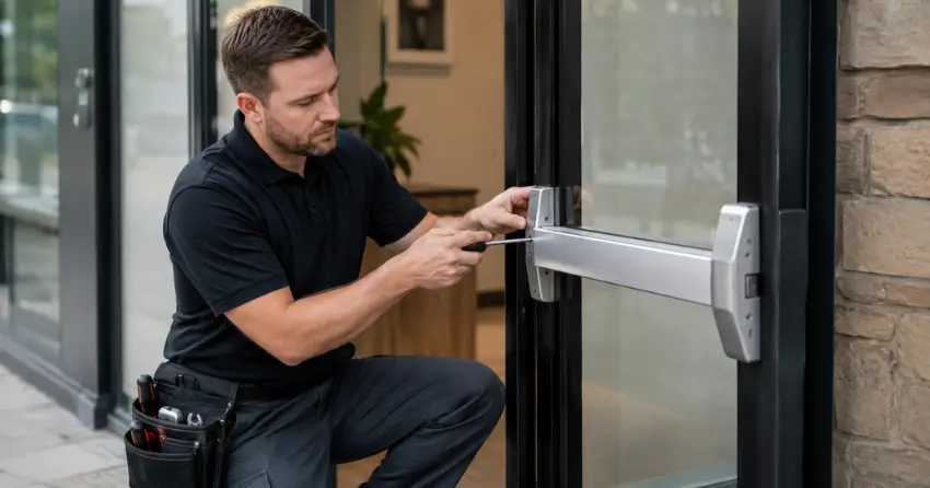commercial locksmith repairing exit device on storefront door Mount Pleasant, Brampton