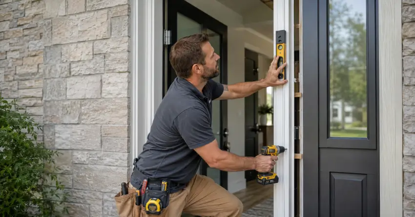 technician installing a new exterior door frame in Brampton