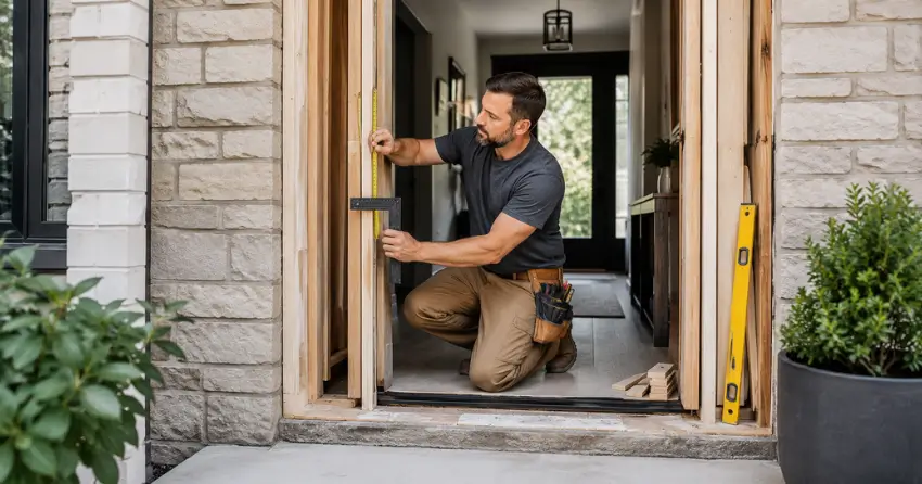 exterior door installer assessing rough opening in Chinguacousy, Brampton
