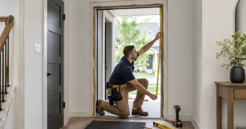 technician measuring a door frame before new door installation in Brampton
