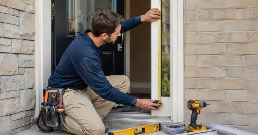 technician measuring door frame before storm door install in Ebenezer, Brampton