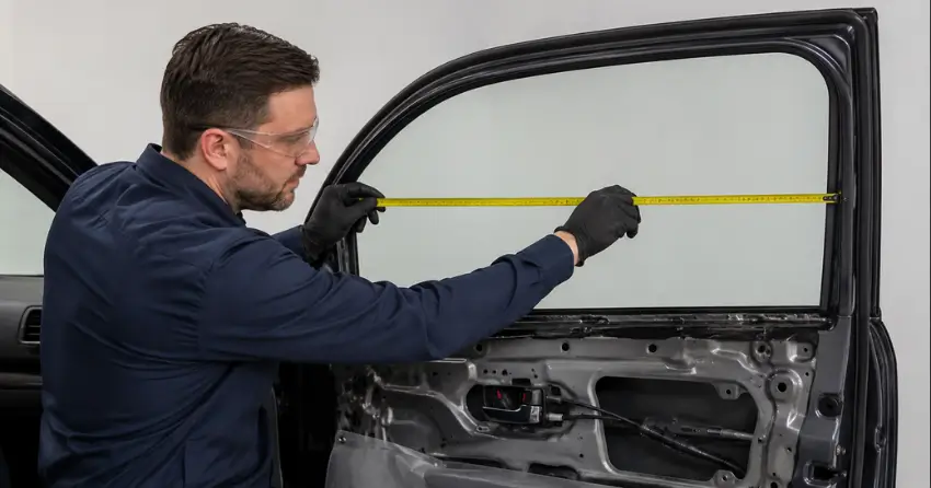 technician measuring door glass opening for replacement in Northgate, Brampton