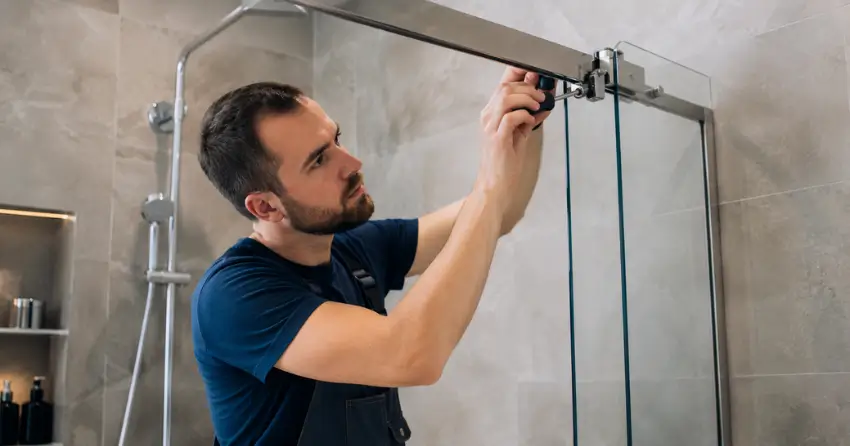 technician adjusting shower door hinge and track in Bramalea, Brampton