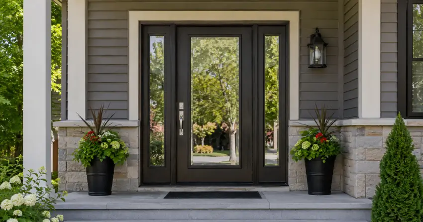 glass entry door with sidelights on a home in Ebenezer, Brampton