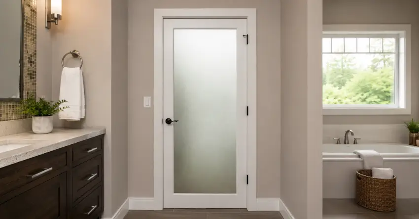 frosted glass panel bathroom door installed in a Castlemore, Brampton home