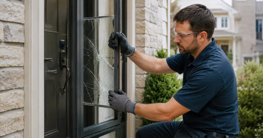 technician removing cracked storm door glass panel in Brampton South, Brampton