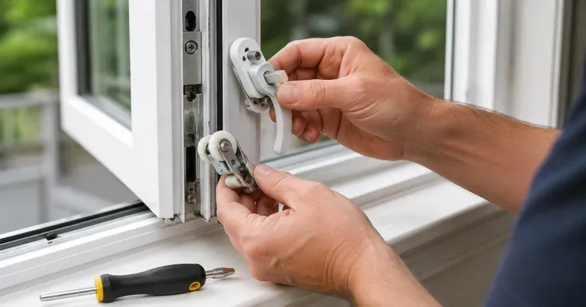 technician performing broken window repair Brampton on a sliding window