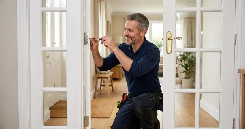technician adjusting French door hinge for proper alignment in Castlemore, Brampton