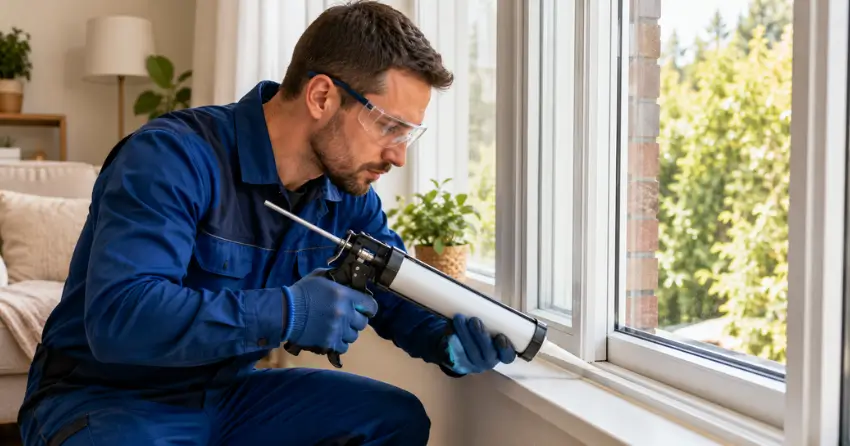 technician repairing window seal and frame in Brampton