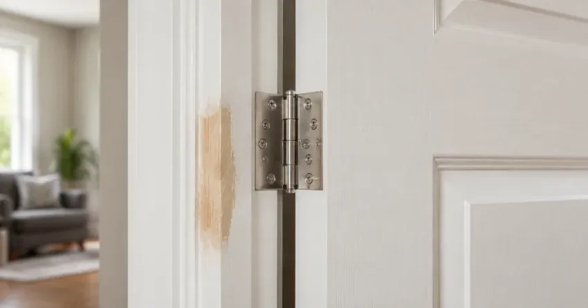 technician checking a warped door against a straightedge in Westgate, Brampton