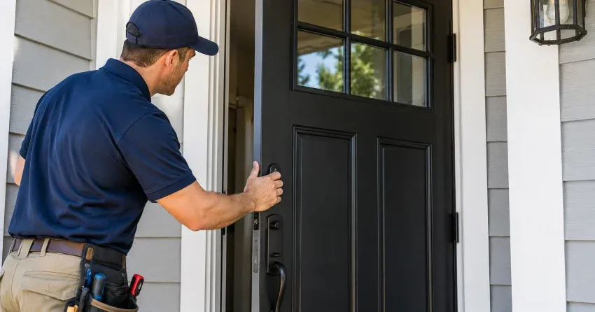 technician adjusting door hinge and strike plate in Chinguacousy, Brampton home