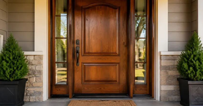 wood door mid-restoration showing stripped bare wood in Mount Pleasant, Brampton