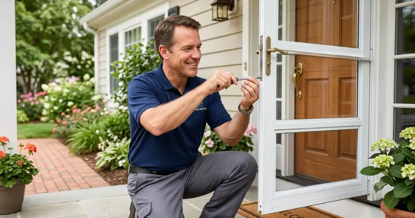 technician adjusting storm door hinge and closer in Westgate, Brampton